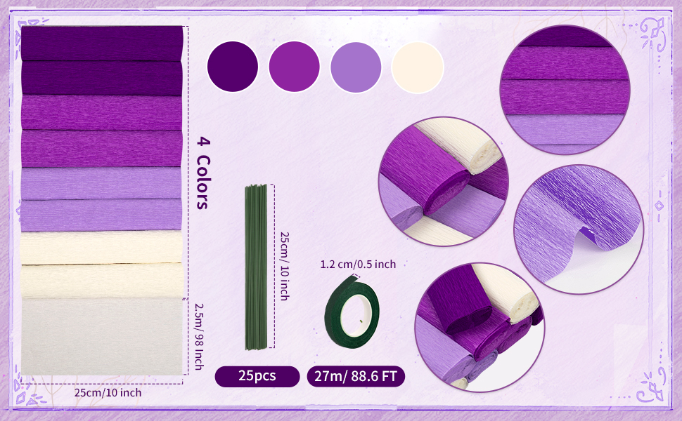 8 Rolls Crepe Paper Rolls, 10 x 98Inch 4 Colors Wide Crepe