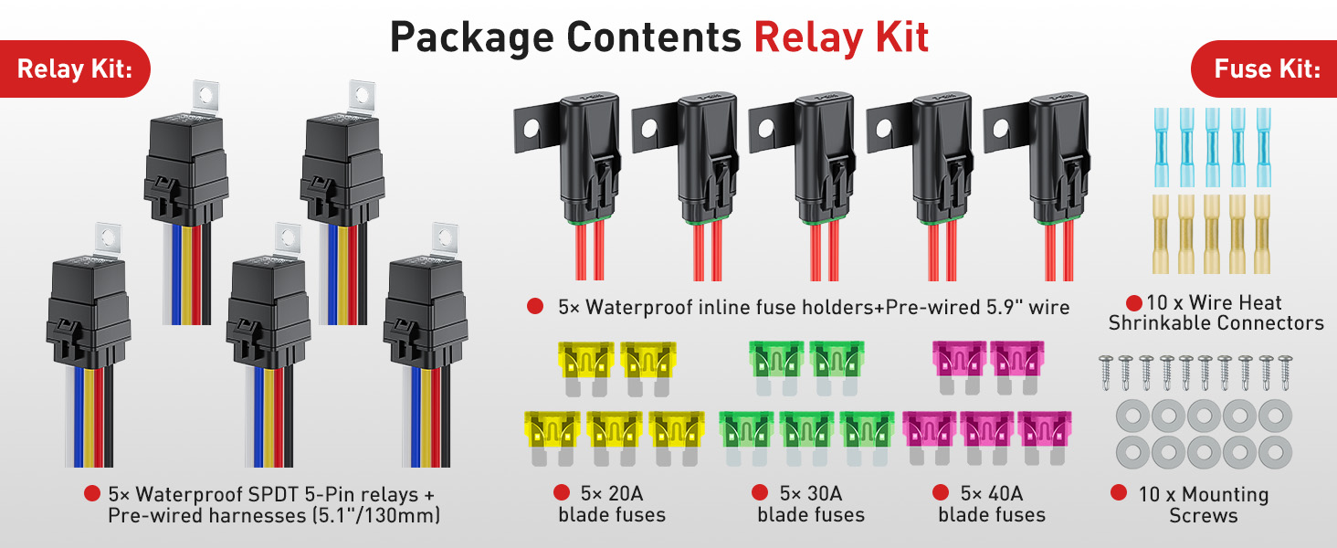12V Relay with Built-in Diode &amp; 12 AWG Harness Socket 30A/40A Heavy Duty SPDT 5 Pin Relay Switch