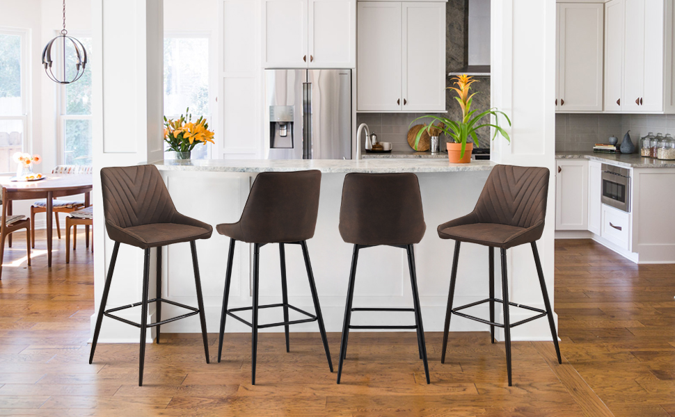 CLIPOP Bar Stools Set of 4, Brown Faux Leather Padded Breakfast Bar