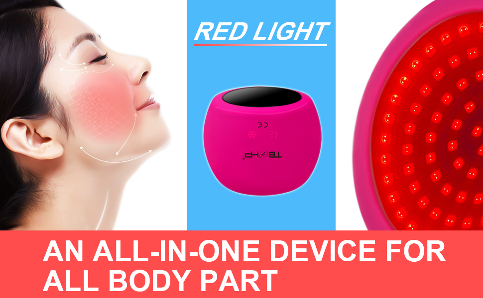 Pink spherical device with red light panel, advertised as an all-in-one body treatment device. Includes partial view of woman's face.