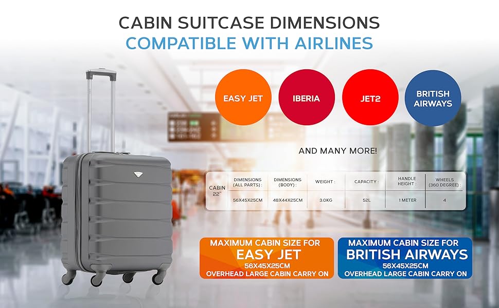 Flight Knight Lightweight 4 Wheel ABS Hard Case Suitcases Cabin Carry