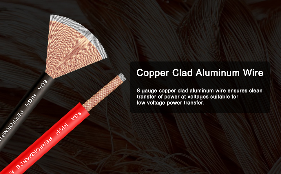 Copper clad aluminum wire with fanned out strands. Black insulation labeled '8 gauge copper clad aluminum wire' for clean power transfer.