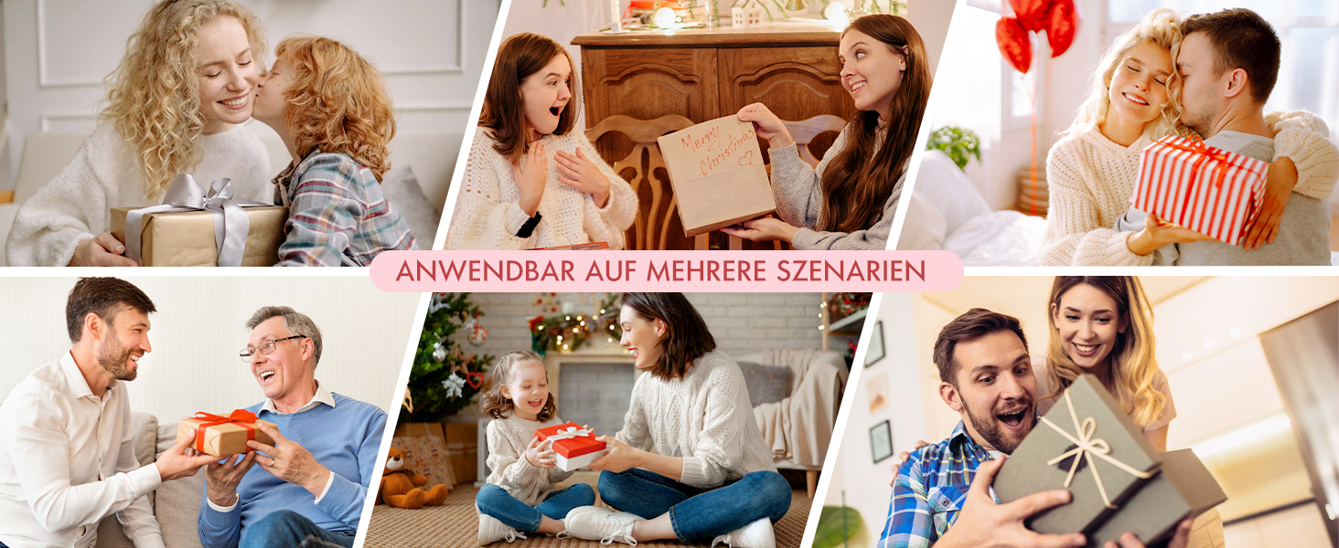 eine Collage aus Bildern von Menschen, die Geschenke öffnen