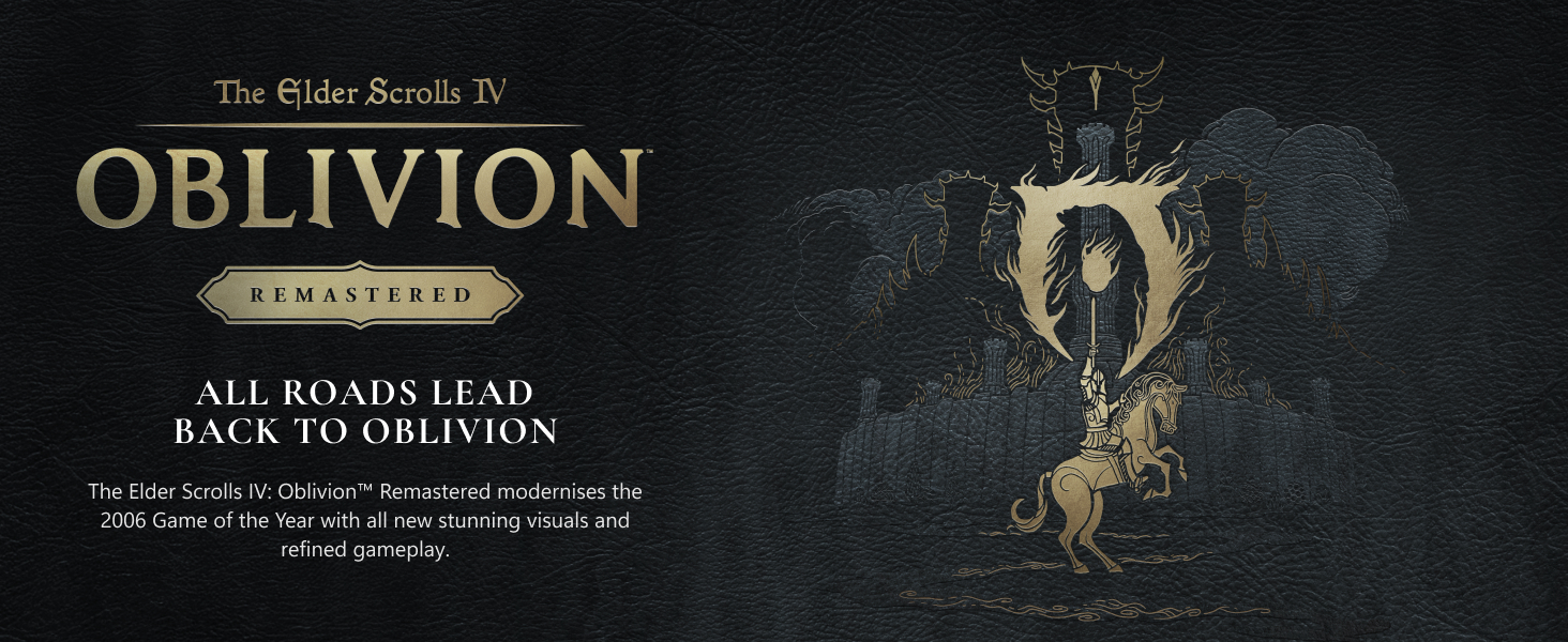 Text reads 'The Elder Scrolls V: OBLIVION' and 'ALL ROADS LEAD BACK TO OBLIVION'. Dark fantasy-themed promotional image with gold dragon symbol.