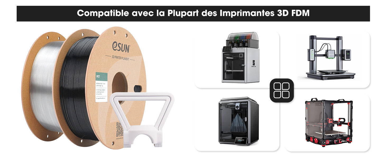 en blanc et noir, avec un guide de filament. Différents modèles d'imprimantes 3D illustrés, indiquant la compatibilité avec la plupart des imprimantes 3D FDM