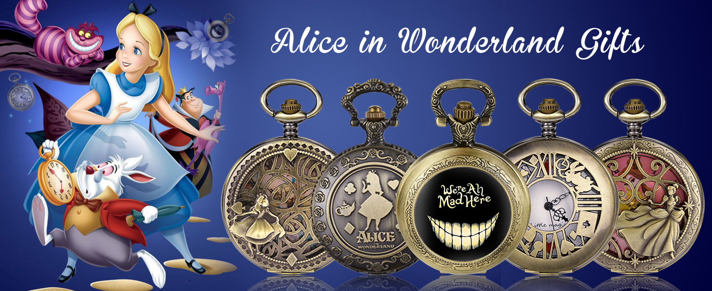 Alice in Wonderland Themed Bronze Quartz Analog Pocket Watch Necklace