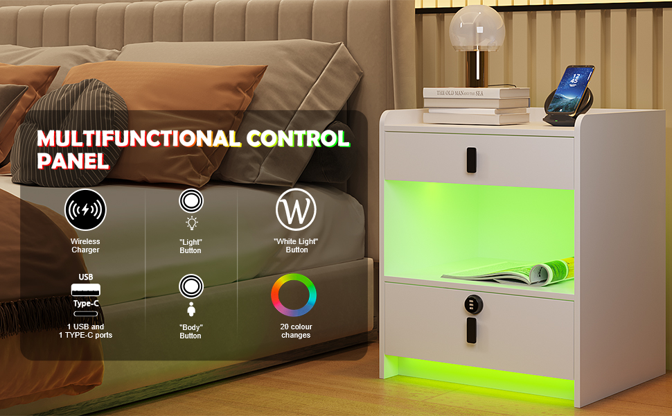 Dytler RGB Smart Nightstand, with Wireless Charging Station