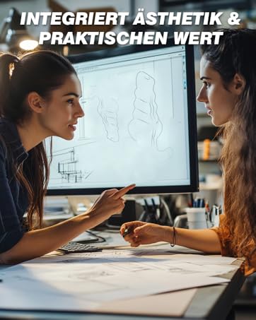 Computer screen showing technical drawing or design with German text 'INTEGRIERT ASTHETIK & PRAKTISCHEN WERT' overlaid.