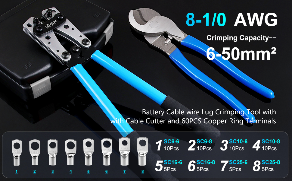 Zhushan Battery Wire Crimper Kit, Battery Cable Lug Crimping Tool 101/