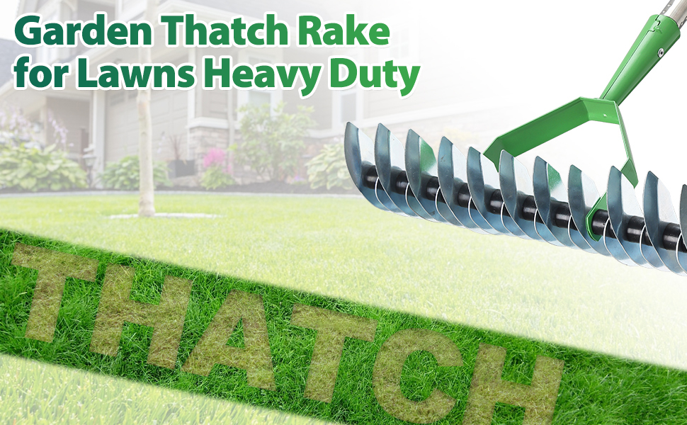 Thatch Rake, Garden Dethatcher Rakes for Lawns Heavy Duty, Metal Rake with Double
