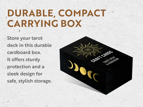 Durable, compact cardboard box for tarot deck and guidebook, offering stylish and sturdy protection