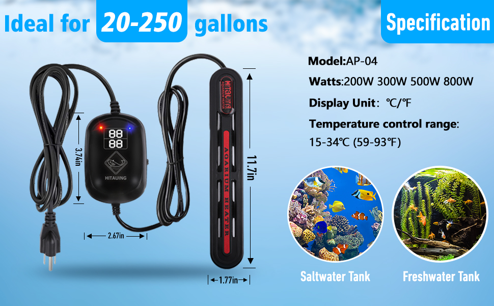 HiTauing Submersible Aquarium Heater,200W/300W/500W/800W