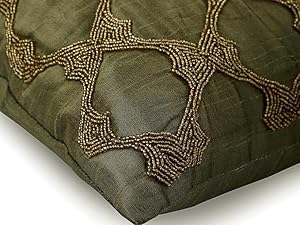 Green & gold beaded geometric silk throw pillow cover