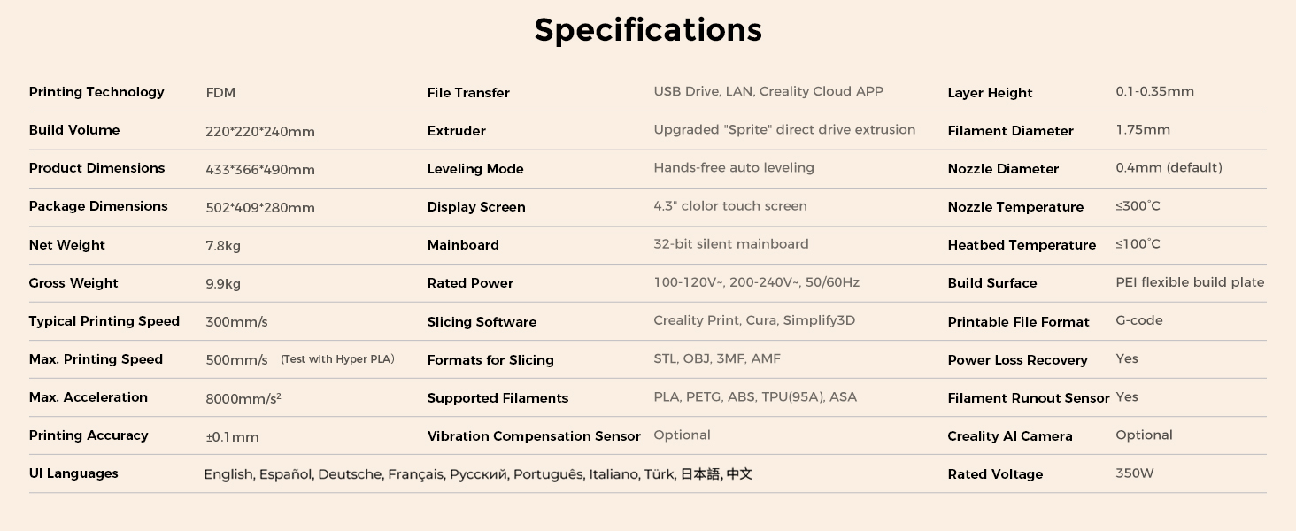 parameters of ender 3 v3 ke