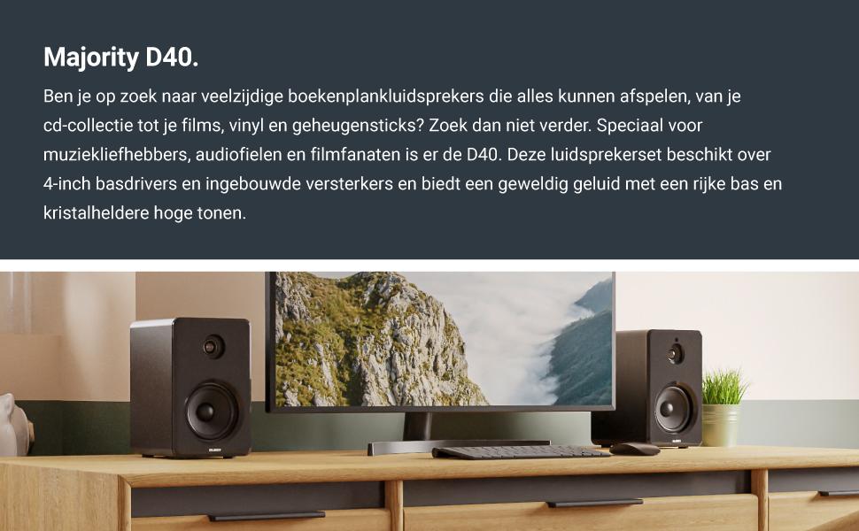 Majority D40 Active Bookshelf Speakers, Stereo HiFi with Amplifier and