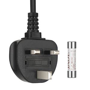 Black electrical plug with a ribbed strain relief and a cylindrical metal fuse shown separately.