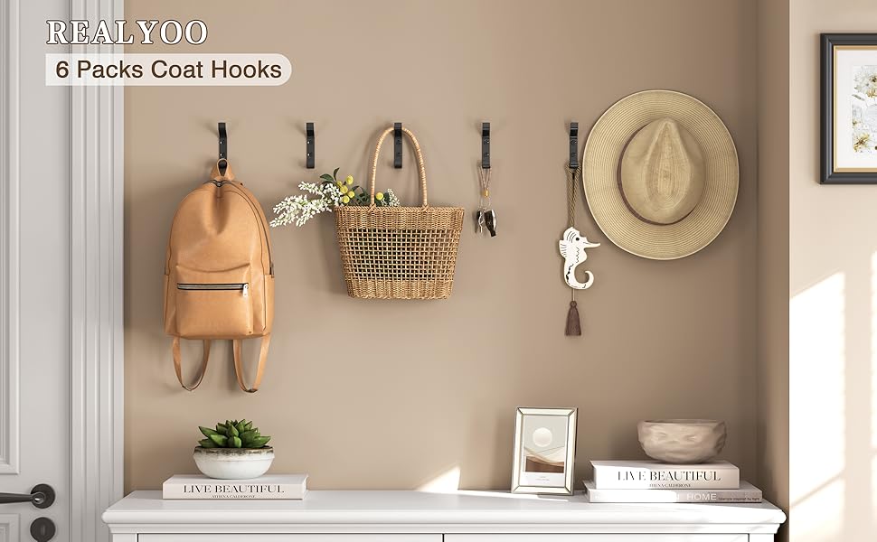 Wall Hooks (6 Packs), Coat Hooks Wall Mounted, Hooks for Hanging Heavy Duty, Black