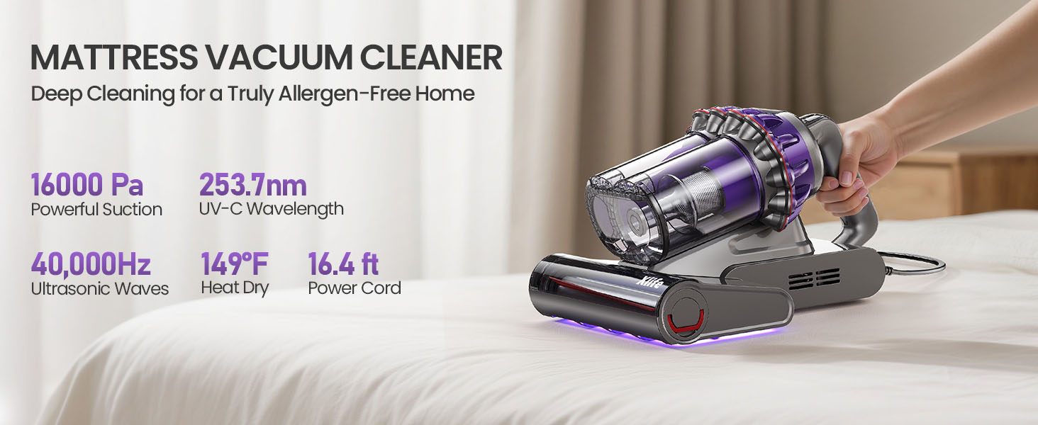 mattress vacuum cleaner powerful suction, UV-C sterilization, ultrasonic cleaning, heat drying