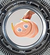 Circular lens or filter view showing a peach-colored cartoon-style ghost illustration with blue googly eyes against a light background.