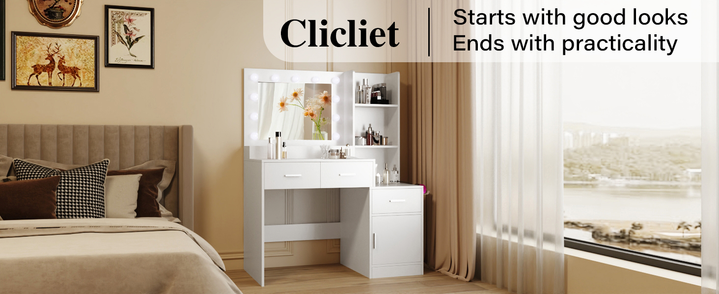 clicliet Vanity Desk with Mirror and Lights, Makeup Vanity