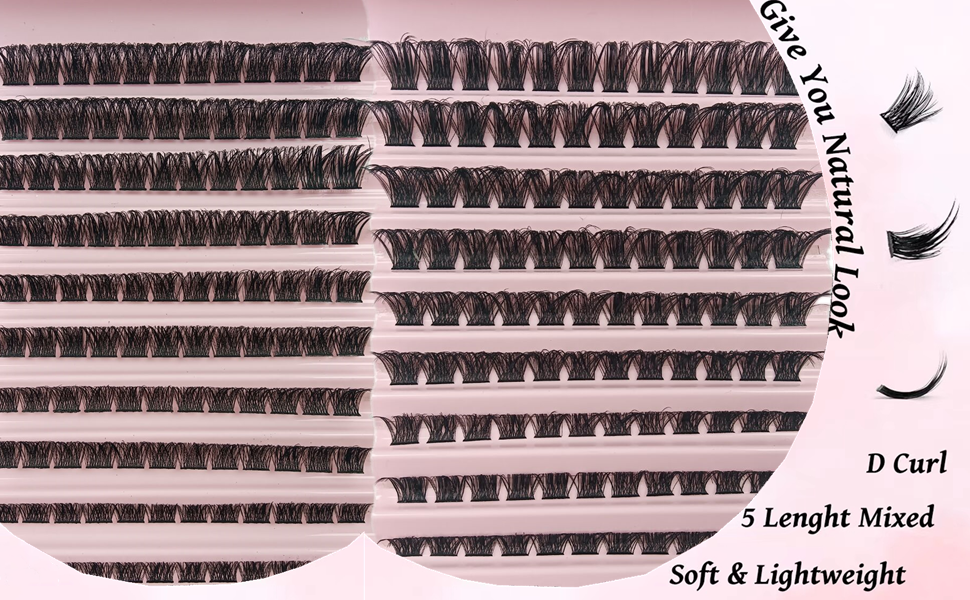 False eyelashes set on pink background. Multiple rows of varying lengths. Text indicates D Curl, 5 lengths mixed, soft and lightweight.
