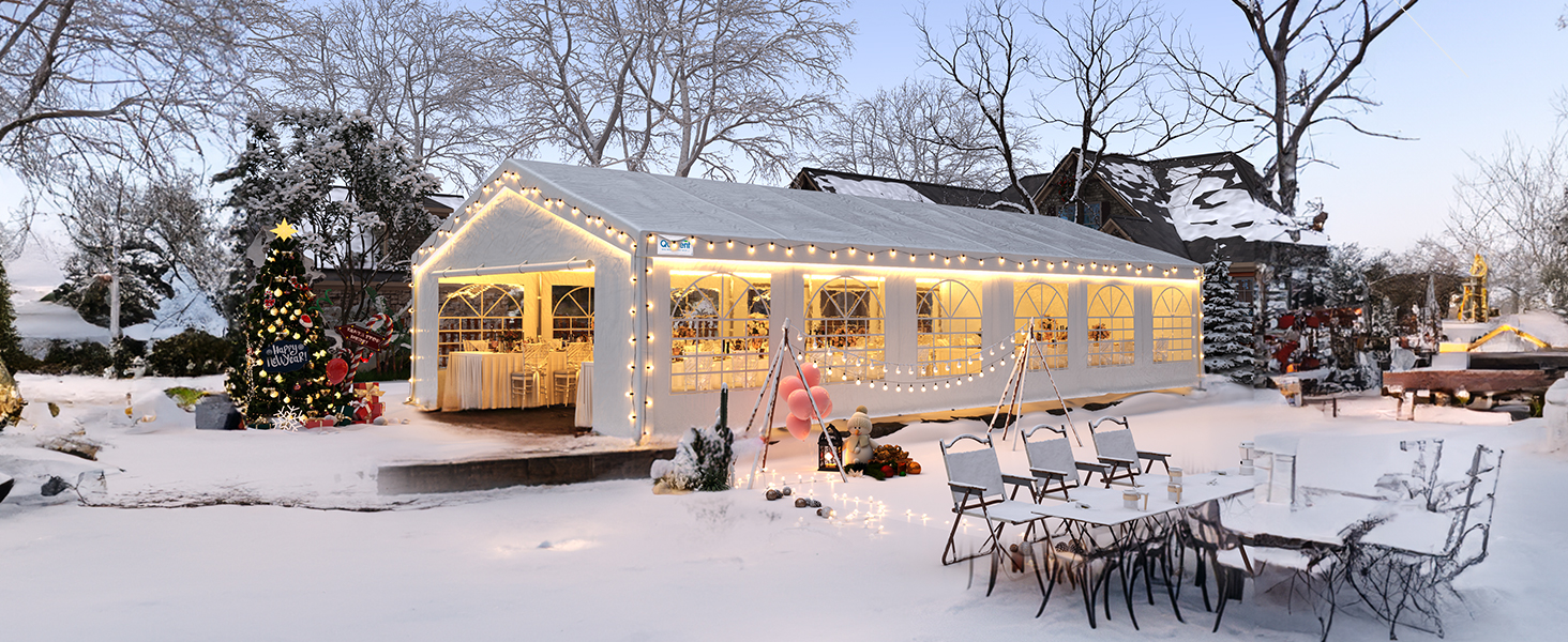 Winter night party tent with string lights decoration
