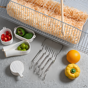 A cozy pet enclosure with a wooden floor and a water bottle securely held in place by the product.