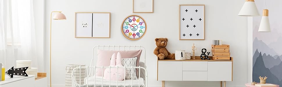 Kids Wall Clock for Bedroom, 10 Inch Round Multi-Colored Learning Clock, Children's Silent Analog Non-Ticking Educational Wall Clock for Boys and Girls Classroom Home Decor 17 room decor