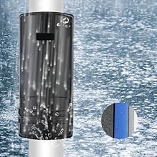 SE MaSestra Un Apositivo de Filtro de Agua Cilíndrico Negro Con Gotas de Agua Sobre Un Fondo Azul. El Diagrama de Seción Mudra transversal un sistema de filtración multicapa con un componente de filtro azul.