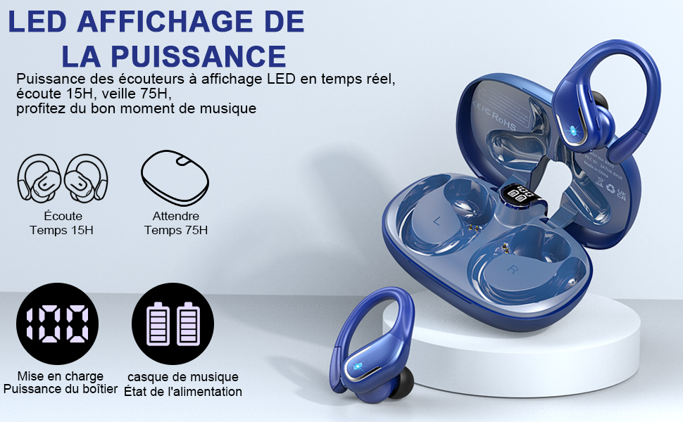 avec écran LED. Le texte français indique l'affichage du niveau de batterie en temps réel. Les icônes indiquent les commandes tactiles et les fonctions de lecture de musique.