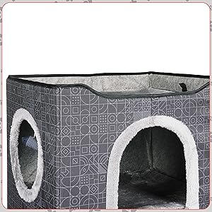 Sturdy two-level cat cave house with soft entrances and spacious interior for indoor cats.