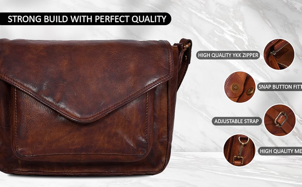 leather bag with qualities like high quality zipper and snap button and adjustable strap fittings