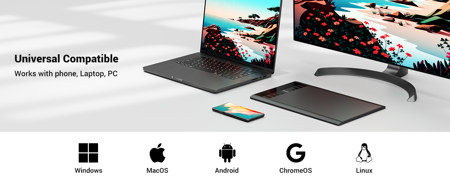 Universal device compatibility image showing laptop, monitor, smartphone, and tablet. Icons for Windows, Mac, Android, Chrome OS, and Linux operating systems.