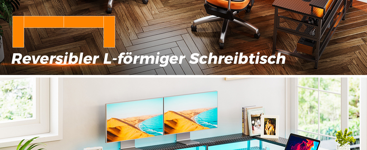 Moderner L-förmiger Schreibtisch mit orangefarbenem Rahmen, blauer Schreibtischoberfläche, Bürostuhl und Fensterblick in einem hellen Arbeitsbereich