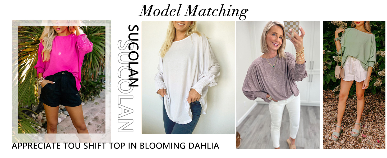 Sucolan Long Batwing Sleeve Shirts Oversized Tshirts Business Casual Basic Smocked Cotton Tops