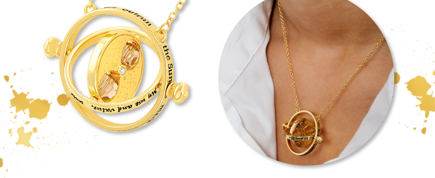 Harry Potter Jewelry - Hermione Time Travel Magical Hourglass Rotating Necklace, Time Turner, Flash Plated, 22" 10 3-Story_HP-Time-Travel-Magical-Hourglass-Necklace_1464x600
