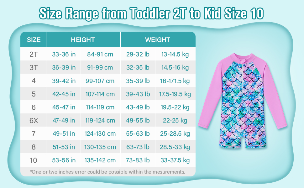 Age 2 3 4t 5t 6t 7t 7x 8t 9 11 year old yr años tween rashguard swimwear beach unicorn pool bathsuit