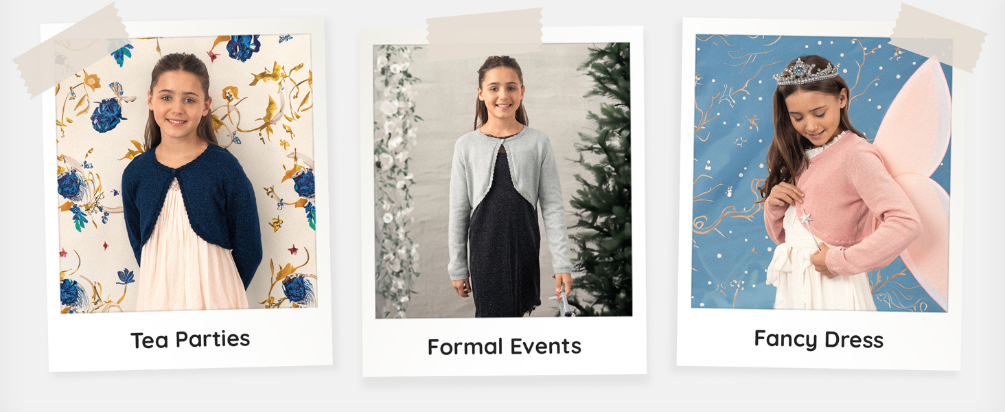 Three-panel clothing showcase displaying outfits labeled for 'Tea Parties', 'Formal Events', and 'Fancy Dress' occasions.