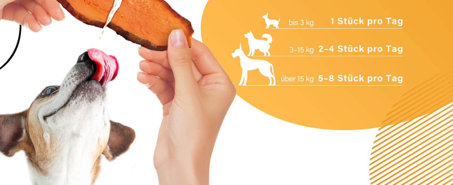 Hundeleckerli, das einem Beagle angeboten wird. Die orangefarbene Grafik zeigt die Fütterungsrichtlinien: 1 Leckerli für Hunde bis 3 kg, 2-4 Leckerlis für 3-15 kg und 4-8 Leckerlis