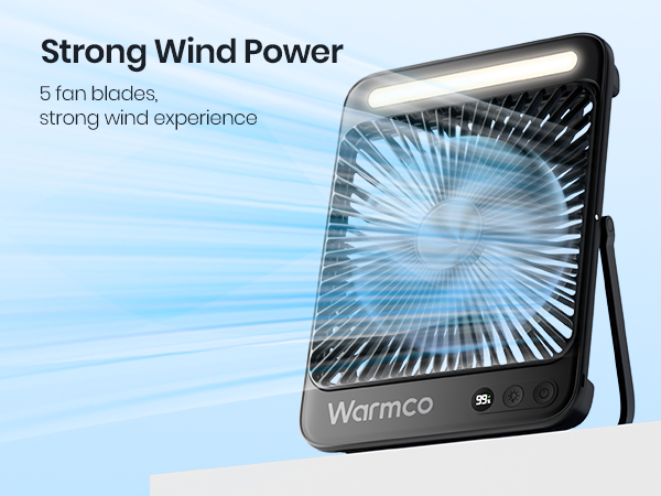 Portable fan device labeled 'Warmco' with 5 fan blades, displaying strong wind power visualization with blue airflow graphics.
