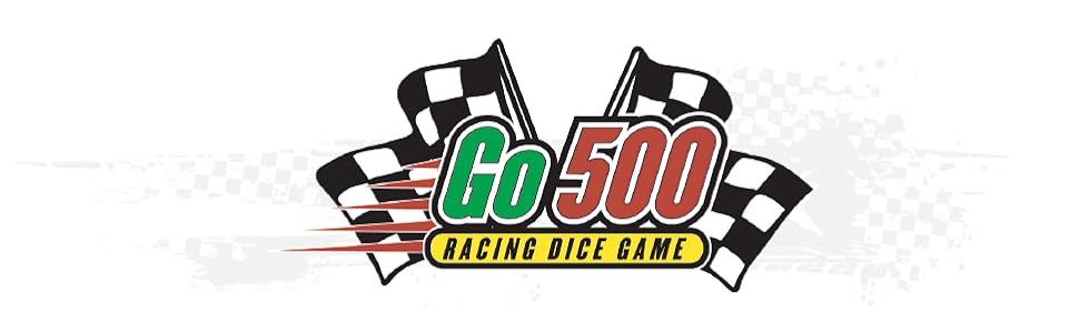 Two checkered racetrack flags behind Go500 logo. Text reads: “Go500 Racing Dice Game.”