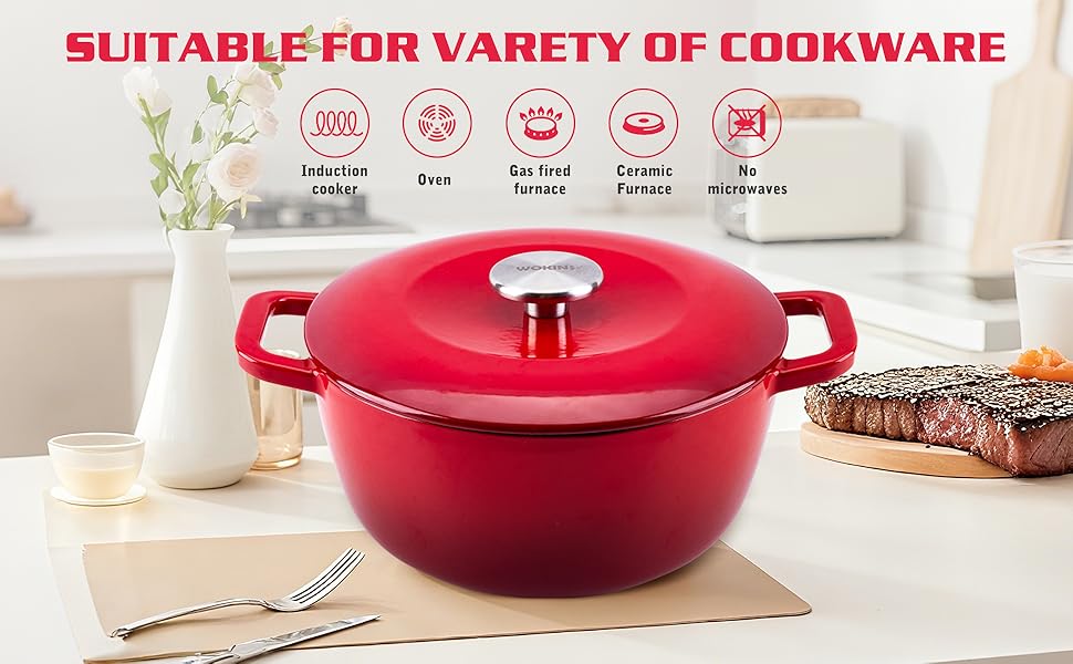 This enameled cast iron dutch oven is suitable for a variety of cooking scenarios.