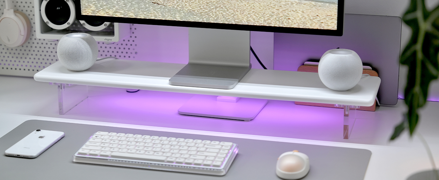Bamboo Monitor Stand Riser in White with RGB Light