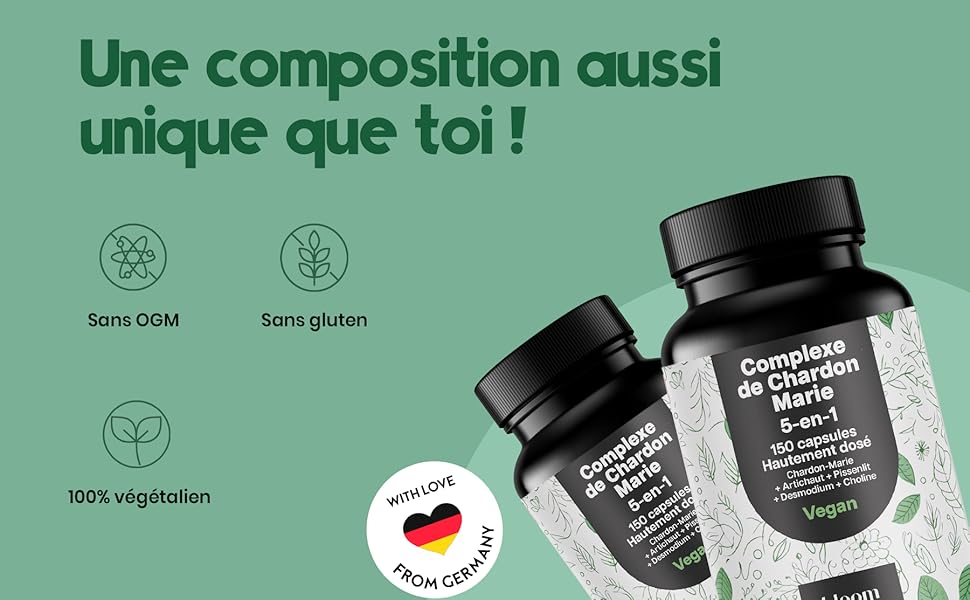 Le texte se lit comme suit : « Une composition aussi unique que toi ! ». Mise en page du matériel marketing ou promotionnel teintée de vert.