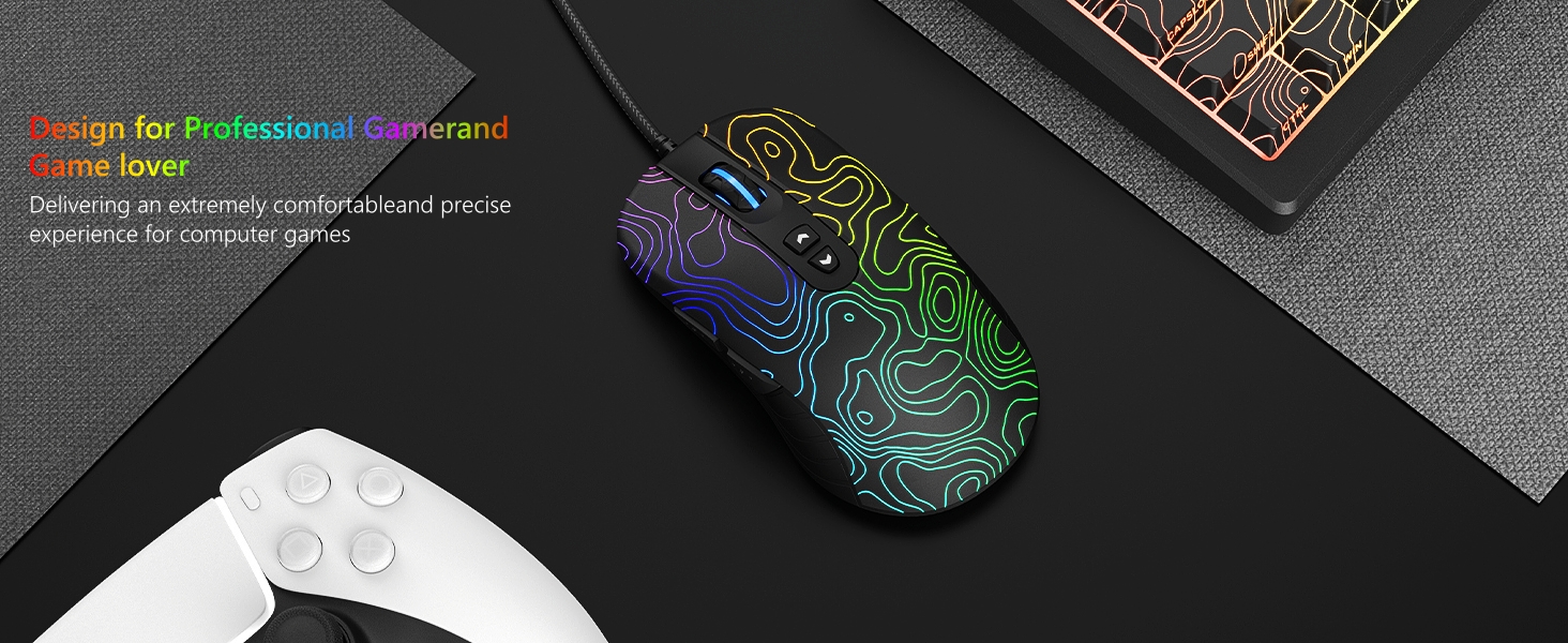 Wired Gaming Mouse,Black RGB Mouse,Computer Mouse Topographic