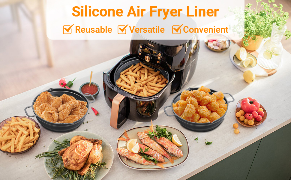 Alyvisun Air Fryer Liner Silicone Reusable Airfryer Basket Foldable Kitchen Pot Accessories Versatile Round Baking Pan for Microwave, Oven (Grey) 9 Air fryer silicone liner is reusable and versatile, making our life more convenient.
