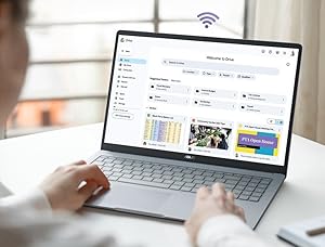 Pantalla portátil que muestra la interfaz del tablero con carpetas y sistema de administración de archivos, que muestra el ícono de conectividad inalámbrica.