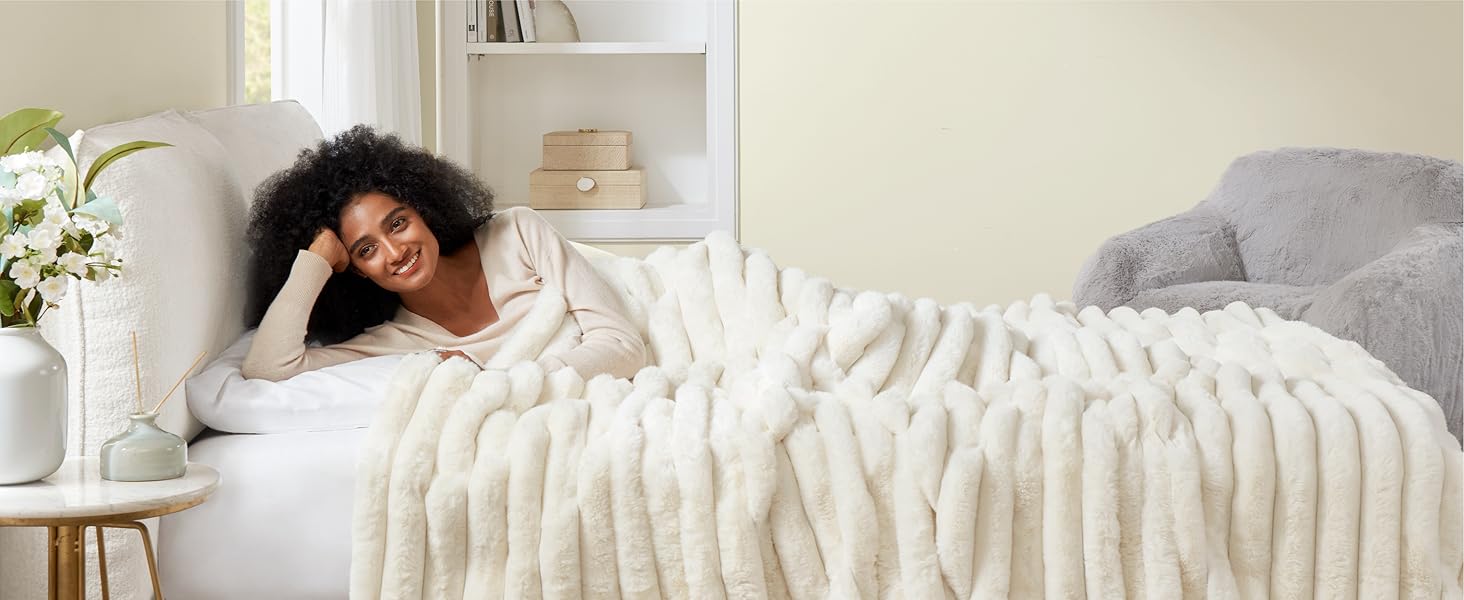 Hyde Lane Faux Rabbit Fur Striped Throw Blanket King Size