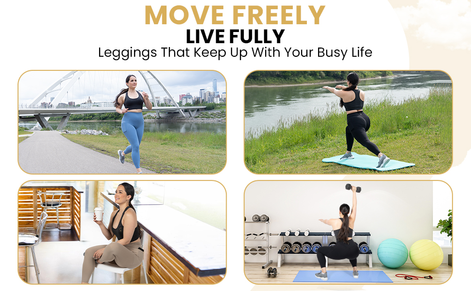 2x2 Photo Stack with Woman Running, Stretching, Sitting, and Lifting Weights in a Workout Outfit