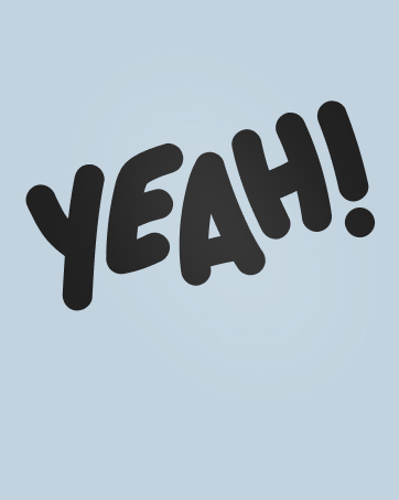 Grand texte noir orthographiant « YEAH ! » en caractères gras et arrondis sur fond bleu clair.
